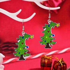 Whimsical Cartoon Christmas Tree Wooden Dangle Earrings